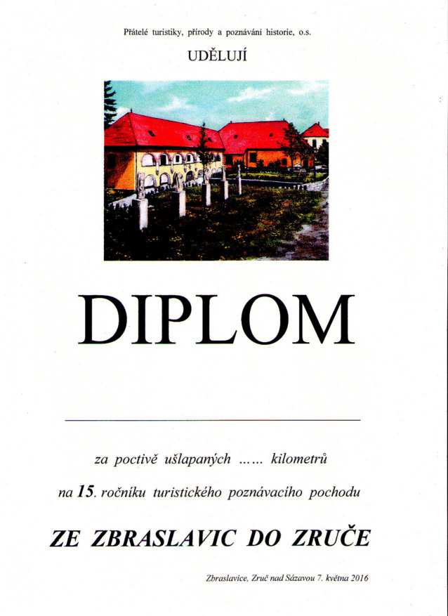Diplom 15. ronku s obrzkem zmku ve Zbraslavicch.