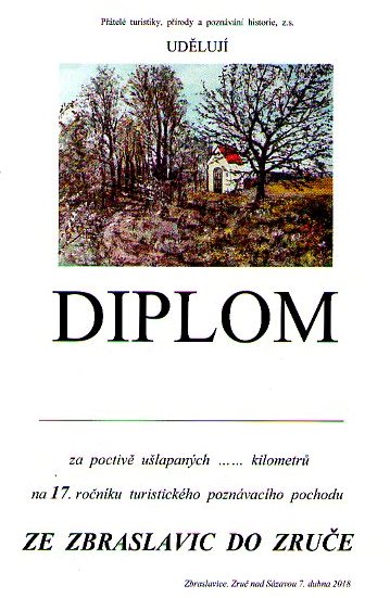 Diplom 17. ronku s obrzkem kapliky u Budkovic.